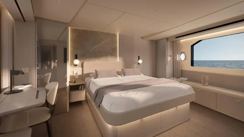 Slide: The Image of Luxurious interior of 2026 Absolute 70' Fly yacht with modern dining and kitchen area. - 13