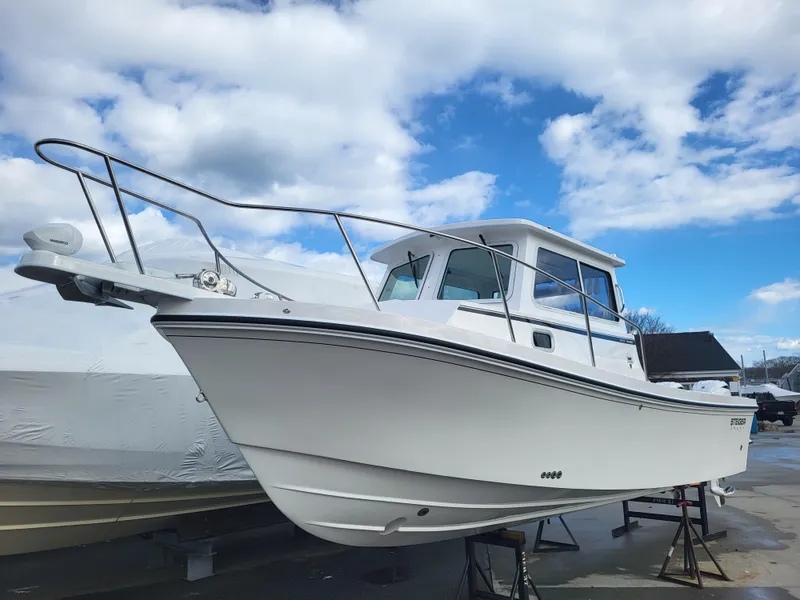 Slide: The Image of 2025 Steiger Craft 255 DV MIAMI boat on display under a cloudy sky. - 10