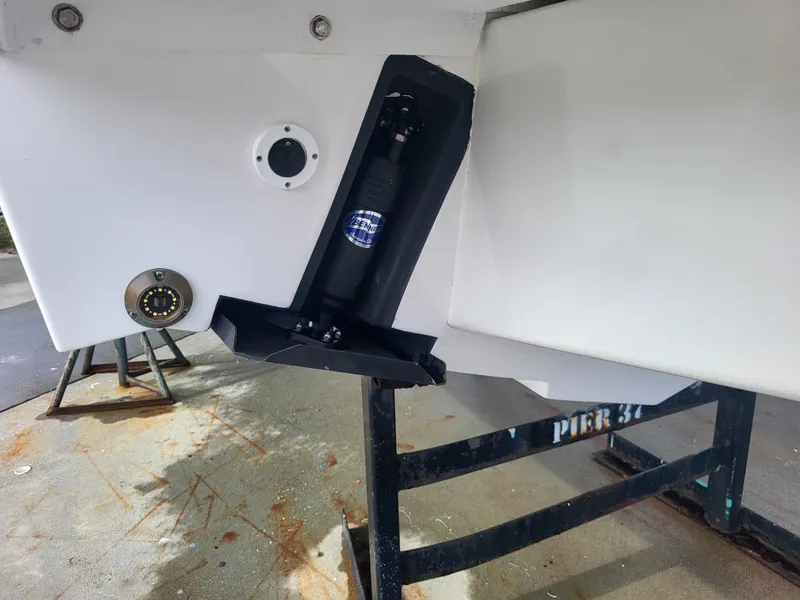 Slide: The Image of 2025 Steiger Craft 255 DV MIAMI boat hull detail on a stand. - 20