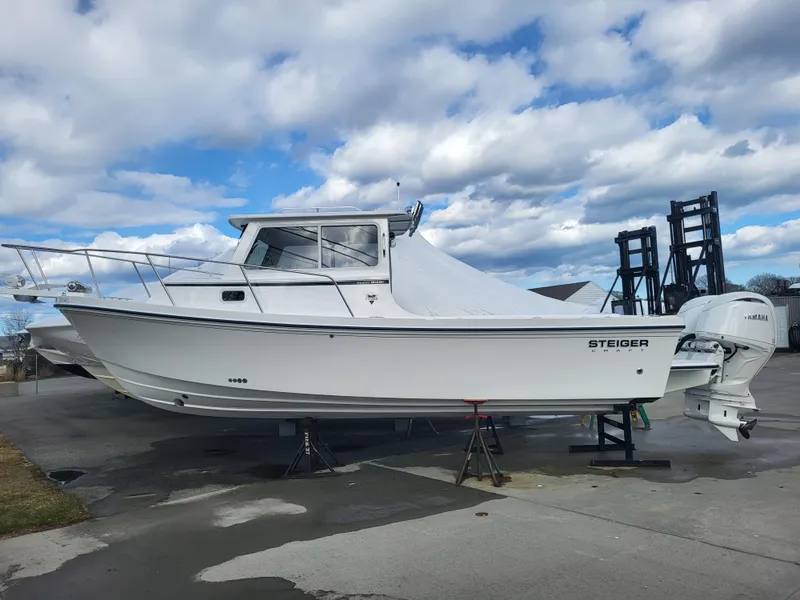Slide: The Image of 2025 Steiger Craft 255 DV MIAMI boat on display under a cloudy sky. - 4