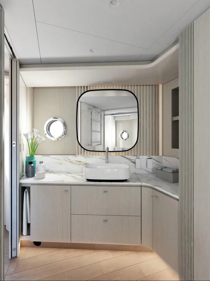 Slide: The Image of Luxurious interior of 2026 Absolute 62' Navetta yacht with scenic ocean view. - 17