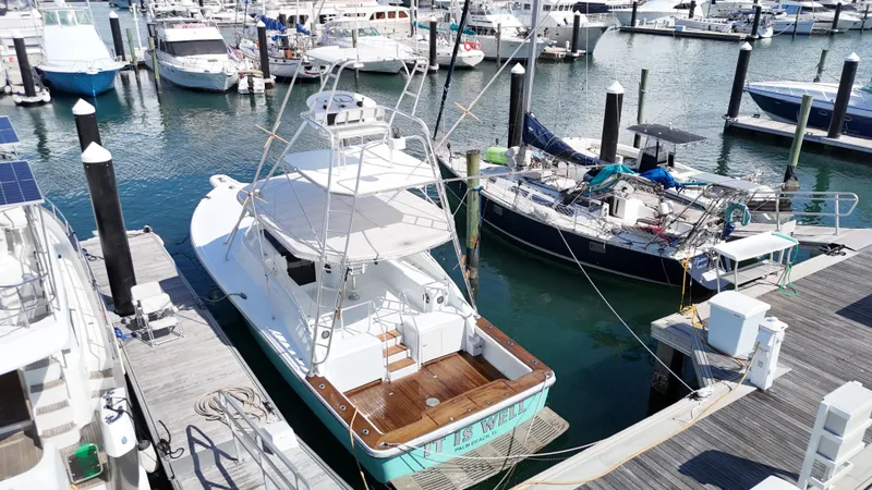 Slide: The Image of Aerial view of a 1997 Strike 42 boat docked at a marina. - 41