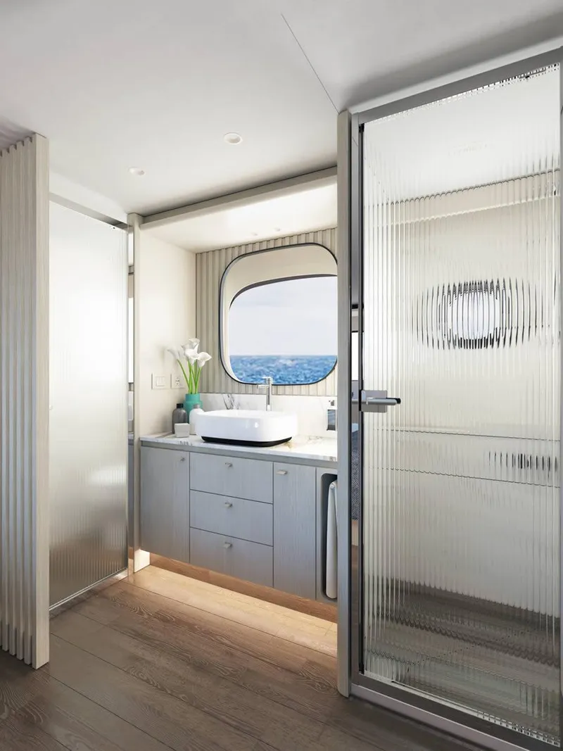 Slide: The Image of Luxurious bedroom on 2026 Absolute 62' Navetta yacht with ocean view and elegant decor. - 21