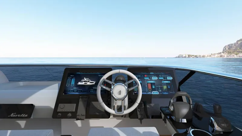 Slide: The Image of Luxurious 2026 Absolute 62' Navetta yacht at sunset, coastal town backdrop. - 4