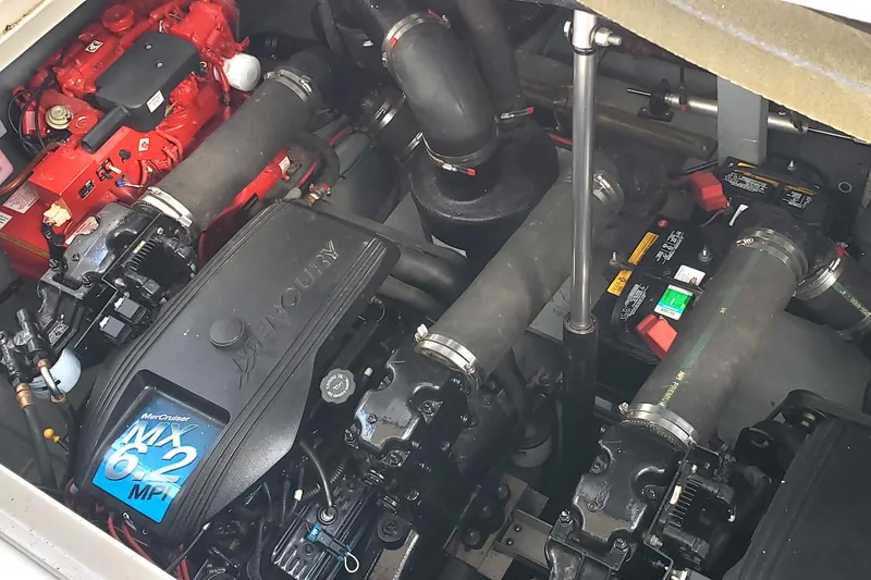 Slide: The Image of Engine compartment of a 2002 Sea Ray 340 Sundancer with MerCruiser MX 6.2 MPI engines. - 20