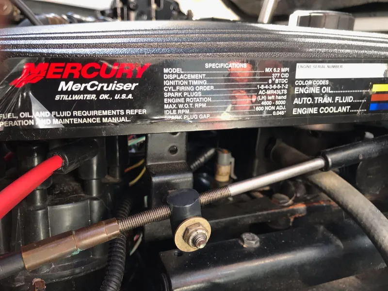 Slide: The Image of Mercury MerCruiser engine label on a 2002 Sea Ray 340 Sundancer boat. - 21