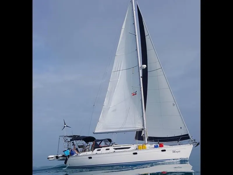 Slide: The Image of Sailing yacht Jeanneau Sun Odyssey 36.2, 1997 model, gliding on calm waters. - 0