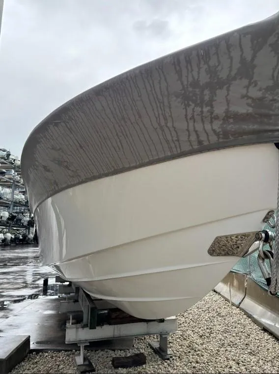 Slide: The Image of 2020 SeaVee 340Z boat on a stand, showcasing sleek hull design. - 15