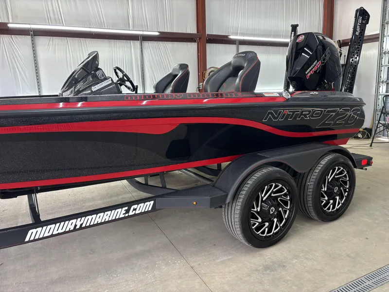 Slide: The Image of 2024 Nitro Z20 Pro boat with sleek black and red design on trailer. - 11