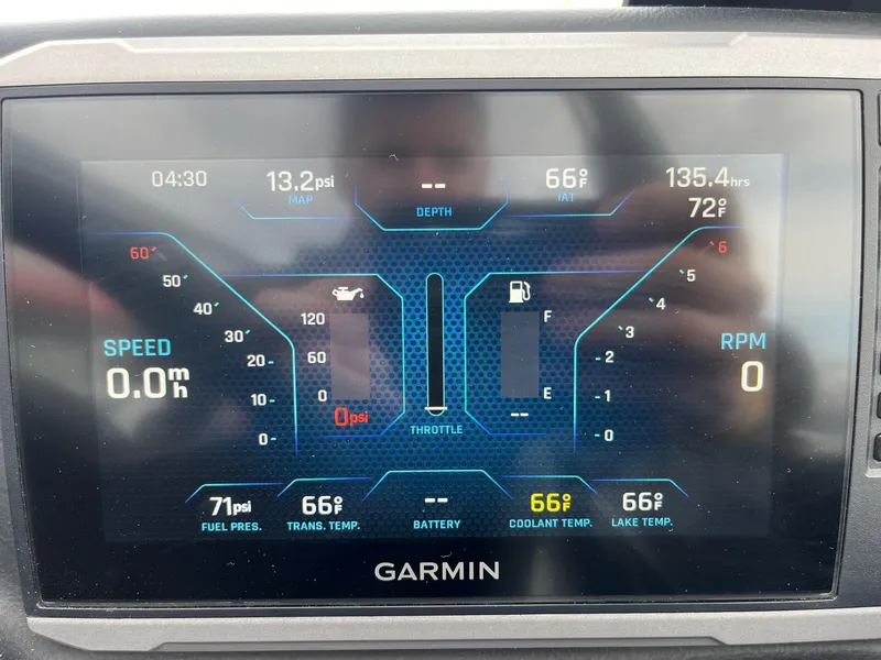 Slide: The Image of Garmin display showing Axis T220 boat metrics: speed, RPM, fuel, and temperature readings. - 31