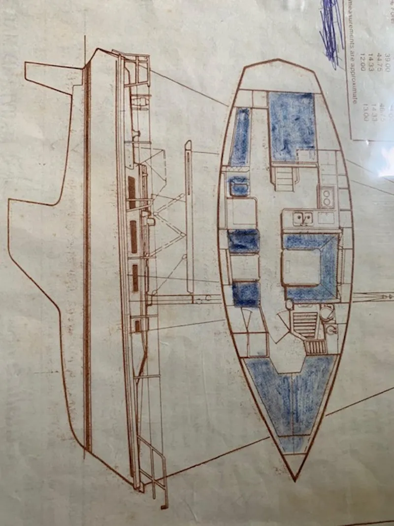 Slide: The Image of Blueprint of 1987 Catalina 36 Tall Rig sailboat interior layout and side profile. - 28