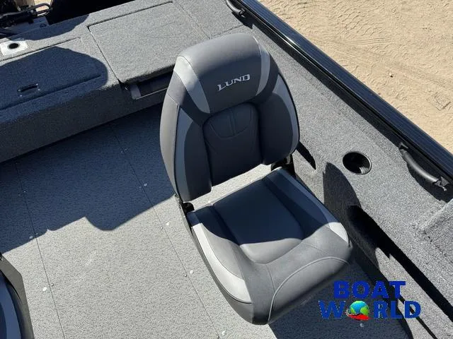 Slide: The Image of 2023 Lund 1675 Adventure Sport boat seat, gray upholstery, Boat World logo visible. - 31