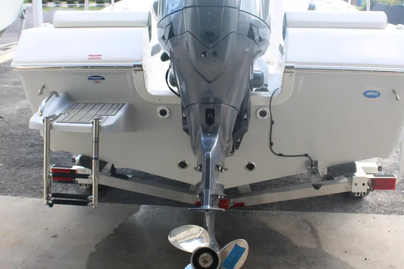 Slide: The Image of 2025 Tidewater 198 CC Adventure boat rear view with outboard motor and swim platform. - 29