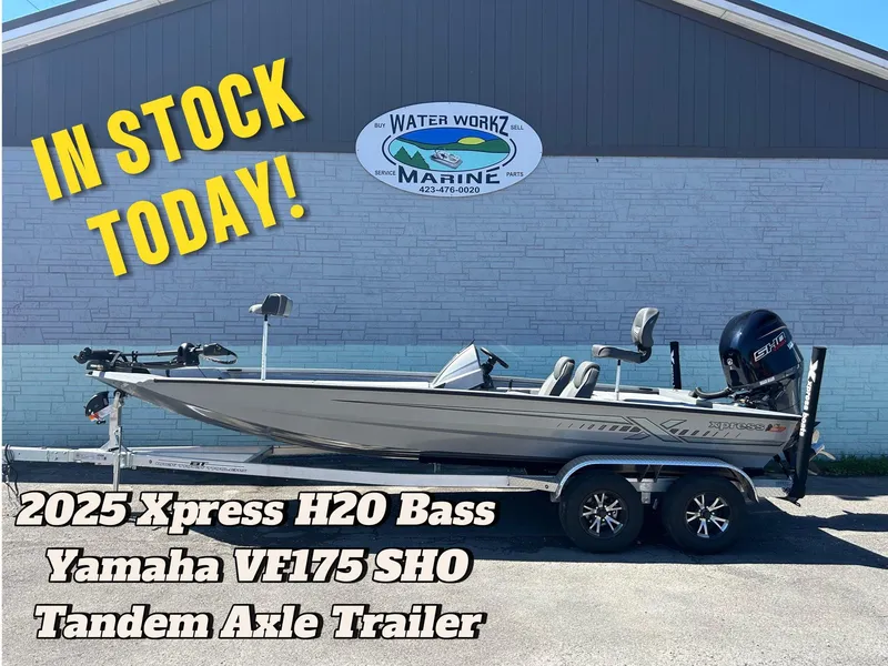 Slide: The Image of 2025 Express H20 Bass boat with Yamaha VF175 SHO, tandem axle trailer, in stock at Water Workz Marine. - 1