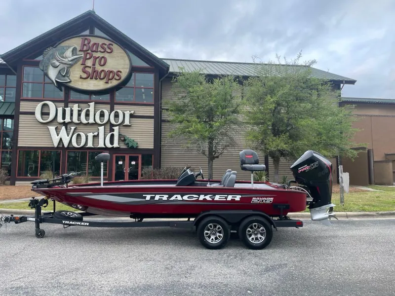 Slide: The Image of 2025 Tracker Savage 215 boat parked outside Bass Pro Shops Outdoor World. - 5
