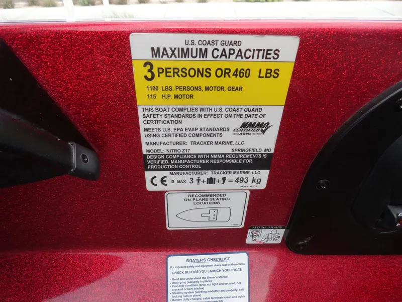 Slide: The Image of Nitro Z17 2018 boat capacity label: 3 persons or 460 lbs, 115 HP motor. - 13