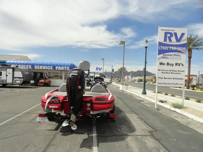 Slide: The Image of Red Nitro Z17 boat at RV dealership, Boulder City, 2018. - 6