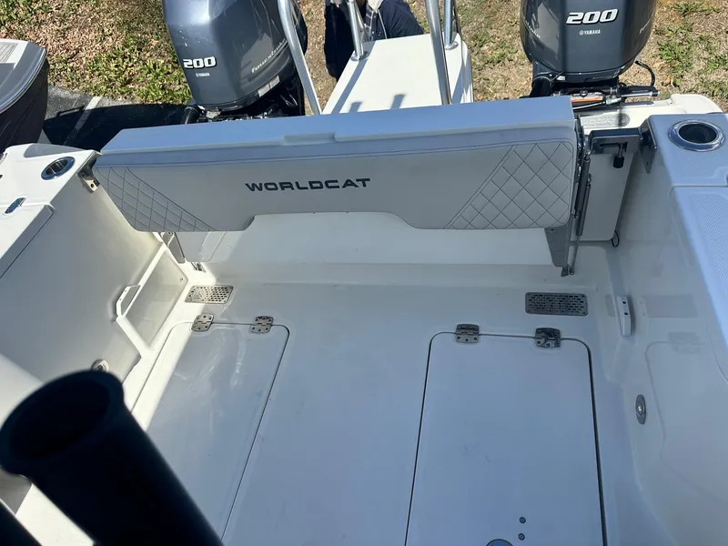 Slide: The Image of 2023 World Cat 260 CC-X boat interior with dual 200 engines. - 21