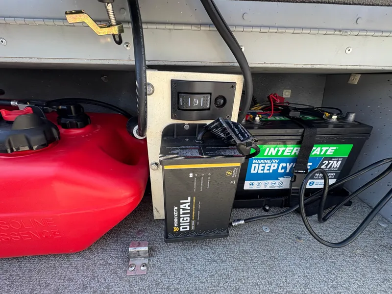 Slide: The Image of 2021 Lund 1600 Fury Tiller boat battery and fuel storage compartment. - 23