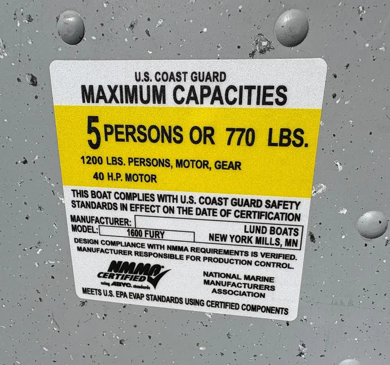 Slide: The Image of 2021 Lund 1600 Fury Tiller capacity label: 5 persons or 770 lbs, 40 HP motor. - 24