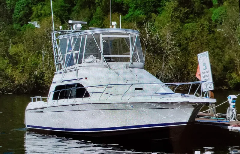 Slide: The Image of 1996 Mainship 40 Sedan Bridge yacht docked by lush greenery. - 0