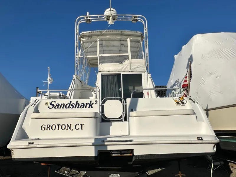 Slide: The Image of 1996 Mainship 40 Sedan Bridge boat named Sandshark in Groton, CT, rear view. - 38