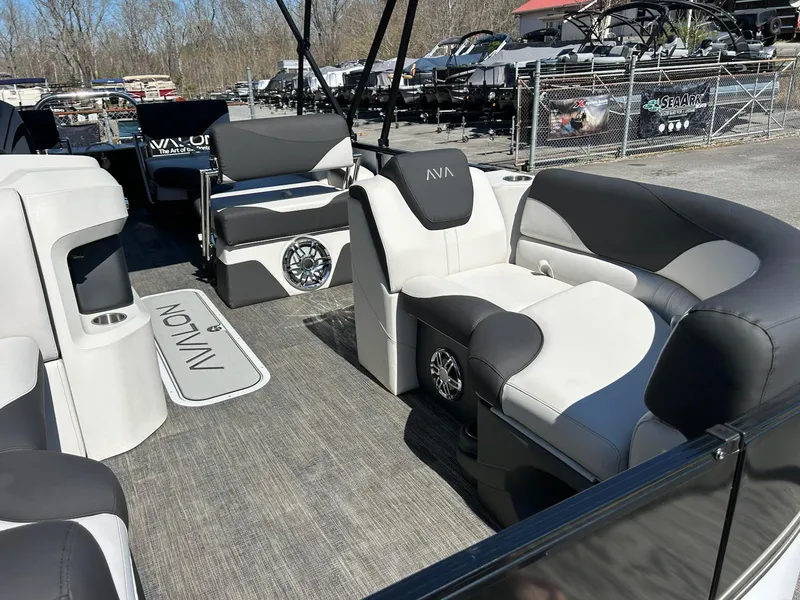 Slide: The Image of 2025 Avalon LSZ 2185 Quad Lounger Shift pontoon boat with luxurious seating and modern design. - 6