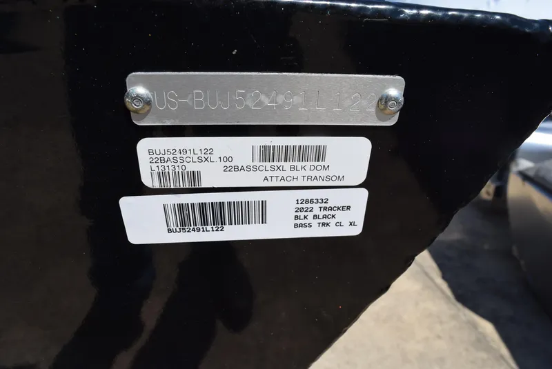 Slide: The Image of 2022 Tracker Bass Tracker Classic XL boat identification labels and serial numbers. - 12