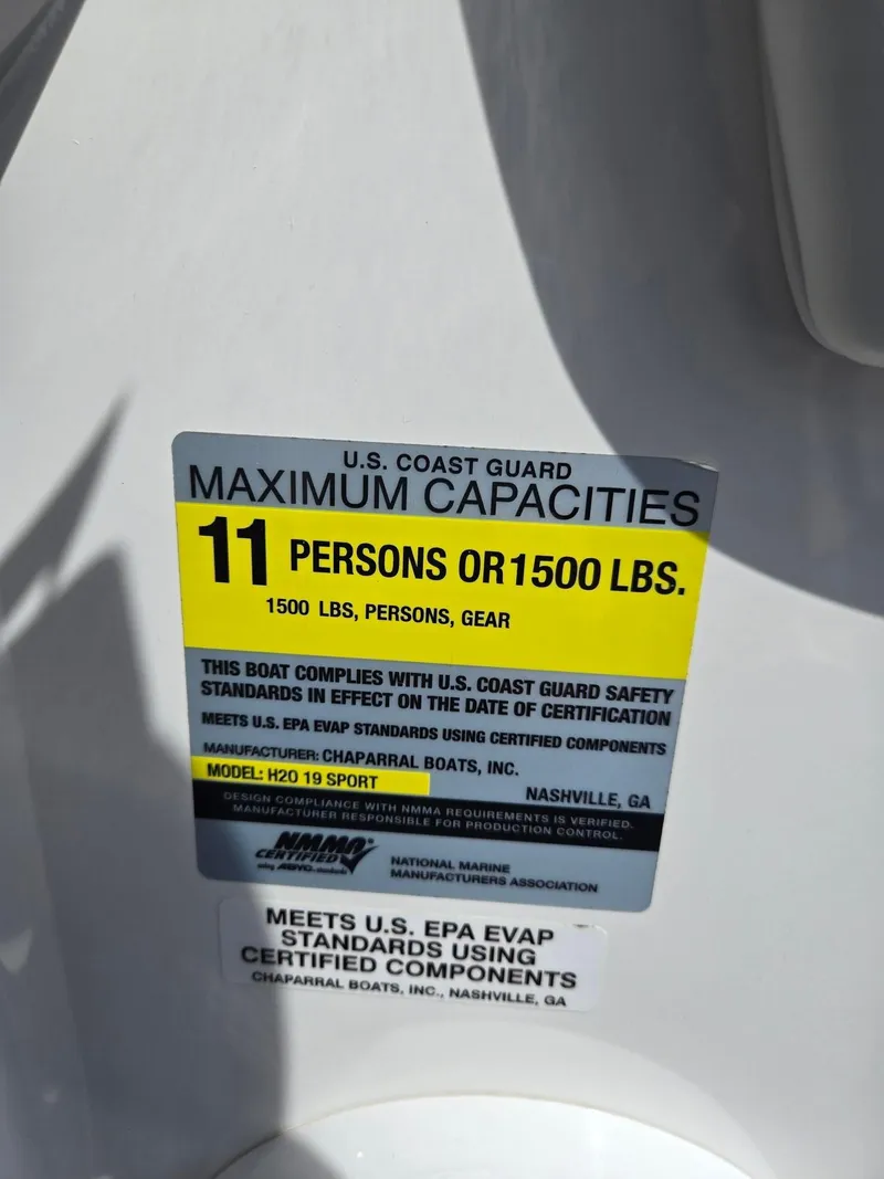 Slide: The Image of 2017 Chaparral 19H20 capacity label: 11 persons or 1500 lbs, U.S. Coast Guard compliant. - 22