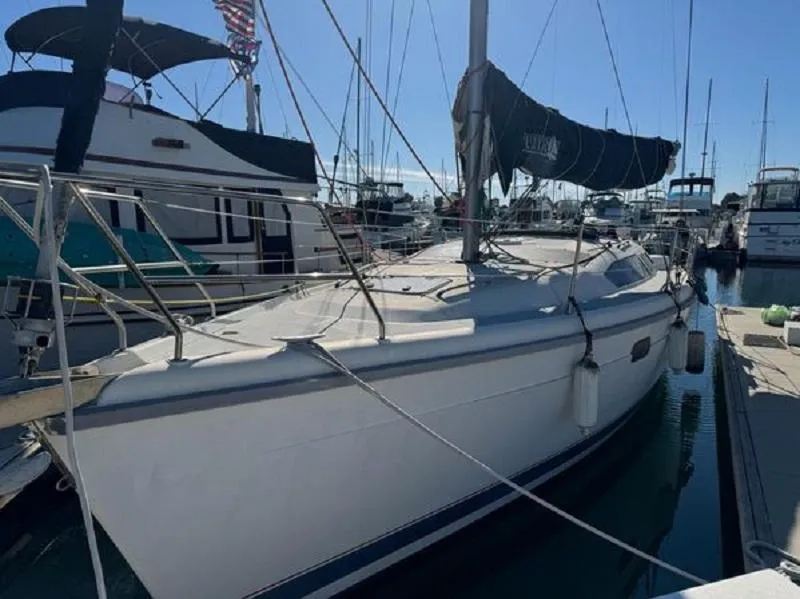 The Image of Sailboat docked in marina, 1996 Hunter 376 model, sunny day, surrounded by other boats. - 1