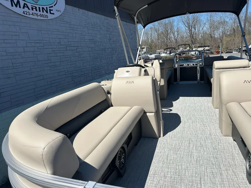 Slide: The Image of 2025 Avalon 2380 VLS Quad Lounger pontoon boat with spacious seating and modern design. - 6