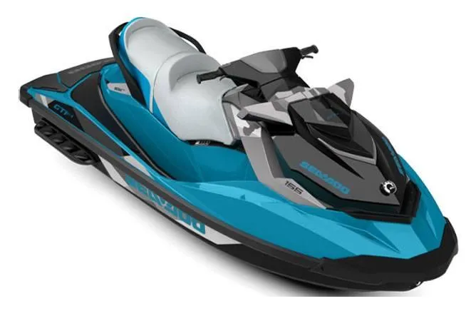 Slide: The Image of 2018 Sea-Doo GTI SE 155 jet ski in blue and black design. - 6