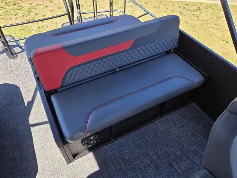 Slide: The Image of 2025 Godfrey Sweetwater 2286 SFLC boat seat with red and gray upholstery. - 18
