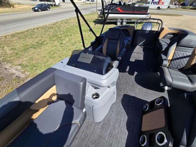 Slide: The Image of Interior of 2025 Godfrey Sweetwater 2286 SB pontoon boat with luxurious seating and modern design. - 10