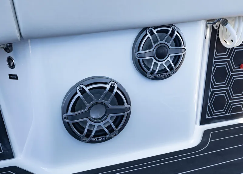 Slide: The Image of Speakers on a 2019 Freeman 42 LR boat, featuring sleek design and modern audio system. - 8