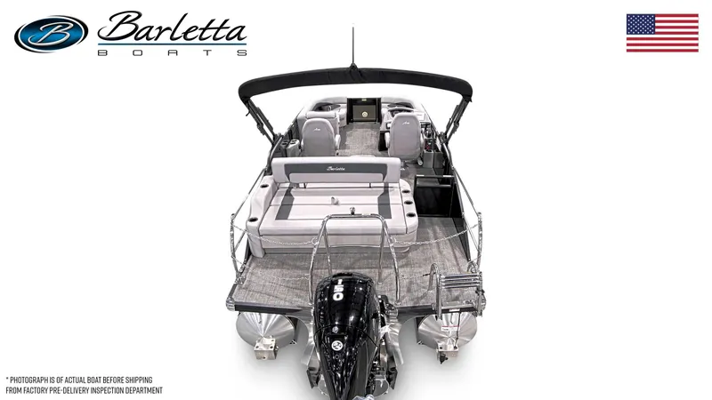 Slide: The Image of 2025 Barletta Aria A22UC pontoon boat, rear view with seating and motor. - 3