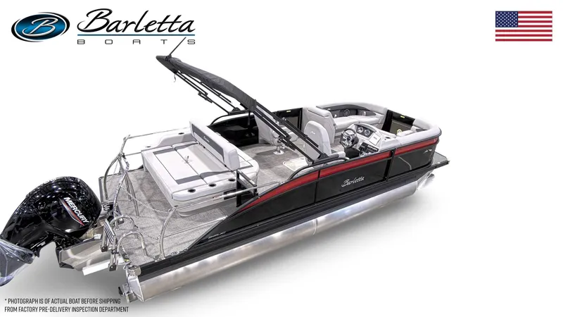 Slide: The Image of 2025 Barletta Aria A22UC pontoon boat with sleek design and Mercury outboard motor. - 4