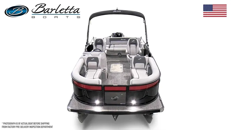 Slide: The Image of 2025 Barletta Aria A22UC pontoon boat, sleek design, spacious seating, American flag. - 6
