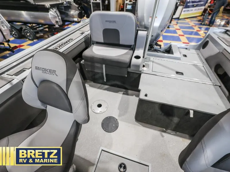 Slide: The Image of 2020 Pro Angler XL 182 boat interior with gray seating and Bretz RV & Marine logo. - 13