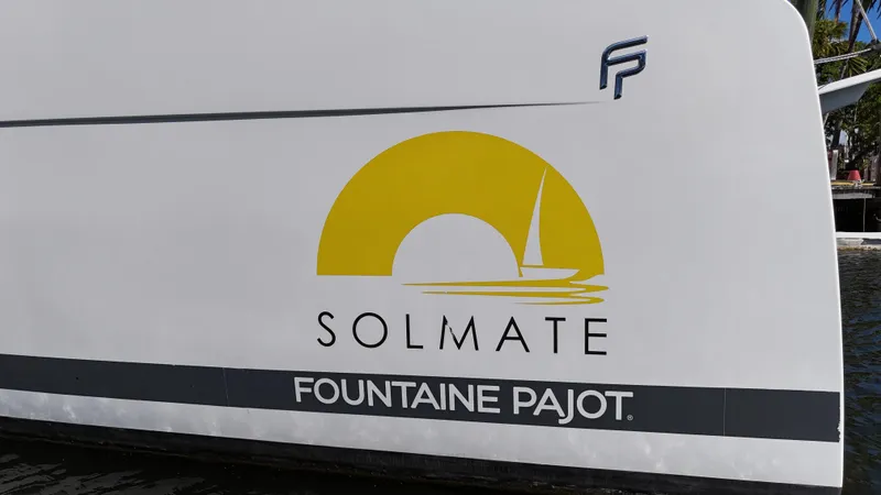 Slide: The Image of Fountaine Pajot Saona 47 catamaran, 2018 model, featuring "Solmate" logo and branding. - 23