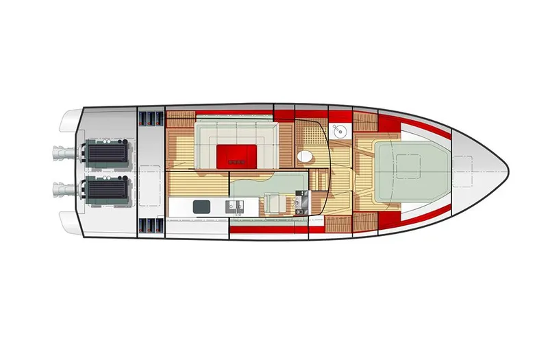 Slide: The Image of Top view layout of 2025 Delta Powerboats 400 SW, showcasing interior design and engine placement. - 18
