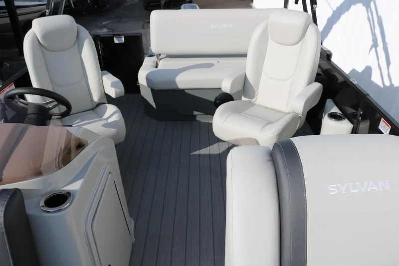 Slide: The Image of 2025 Sylvan 820 CLZ DH Premium Pontoon interior with luxurious seating and modern design. - 25