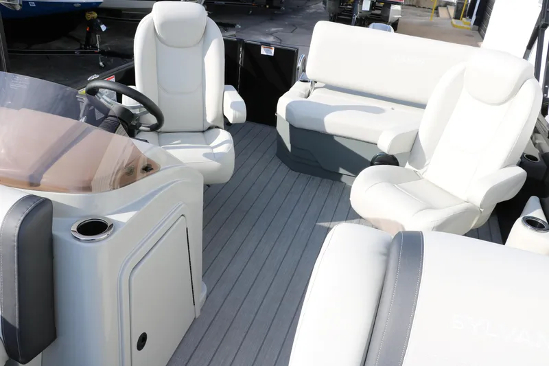 Slide: The Image of 2025 Sylvan 820 CLZ DH Premium Pontoon interior with luxurious seating and modern design. - 26