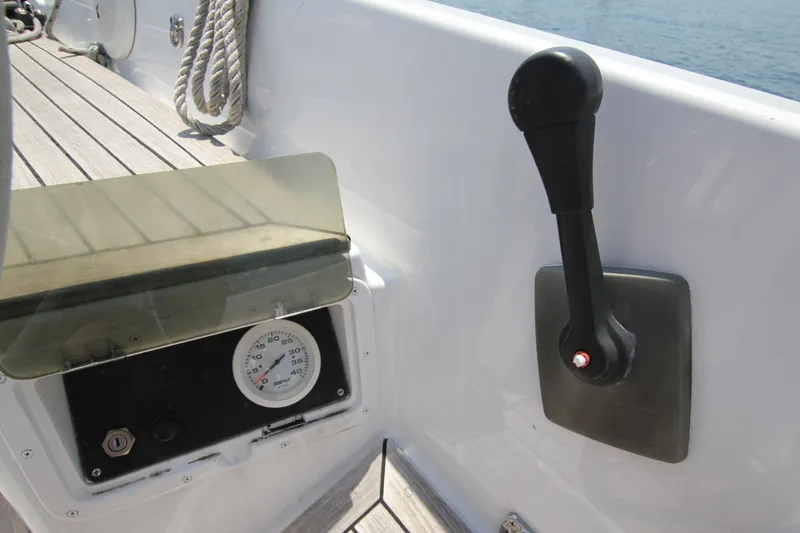 Slide: The Image of Control lever and gauge on 1974 Nautor Swan 38 sailboat deck. - 13