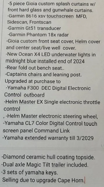 Slide: The Image of 2022 Cape Horn 22 OS boat features, upgrades, and sale details listed for potential buyers. - 19