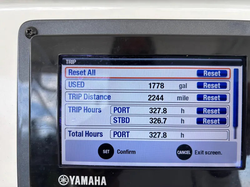 Slide: The Image of Yamaha display showing trip data: 1778 gallons used, 2244 miles traveled, 327.8 hours port. - 9