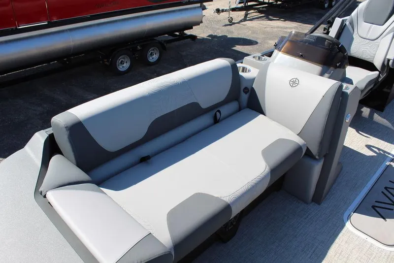 Slide: The Image of 2025 Avalon GEO FISH REAR FISH boat interior with gray seating and console. - 14