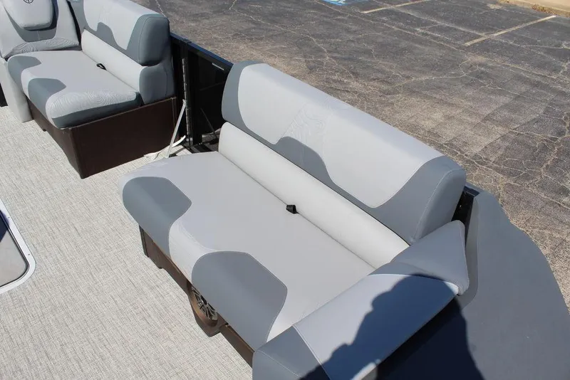 Slide: The Image of 2025 Avalon GEO FISH REAR FISH boat interior with gray seating and spacious layout. - 15