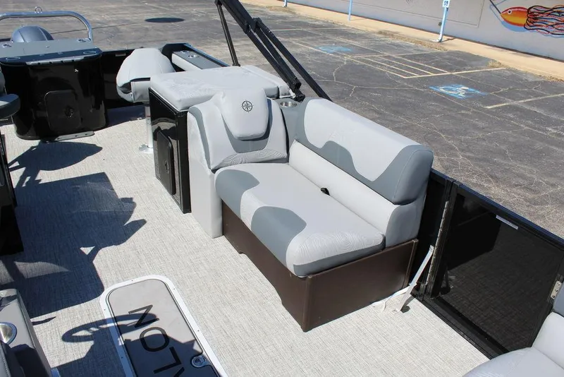 Slide: The Image of 2025 Avalon GEO FISH REAR FISH boat interior with gray seating and modern design. - 16