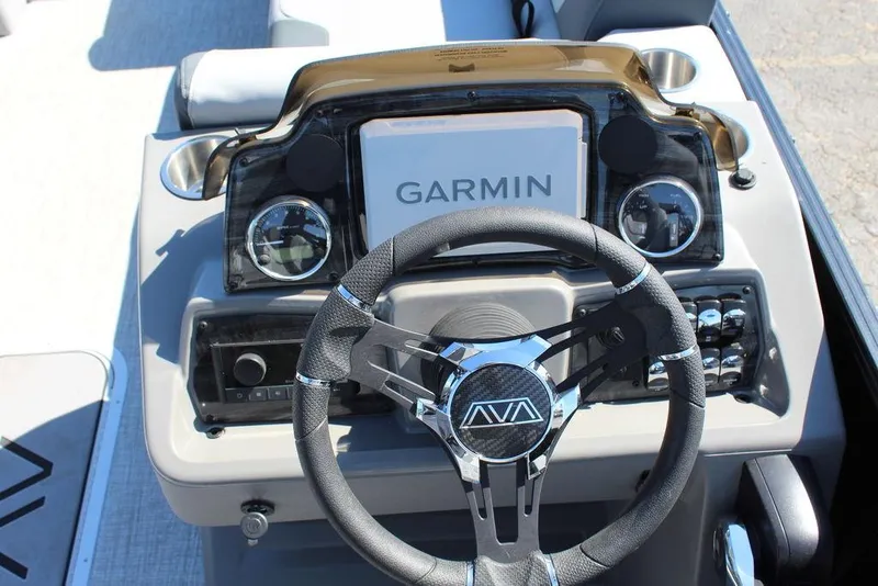 Slide: The Image of Steering console of 2025 Avalon GEO FISH REAR FISH with Garmin navigation system. - 19